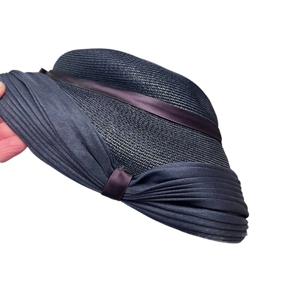 Vintage 1950s Navy Blue Woven Straw Hat Ribbon Detail OS - Picture 5 of 7